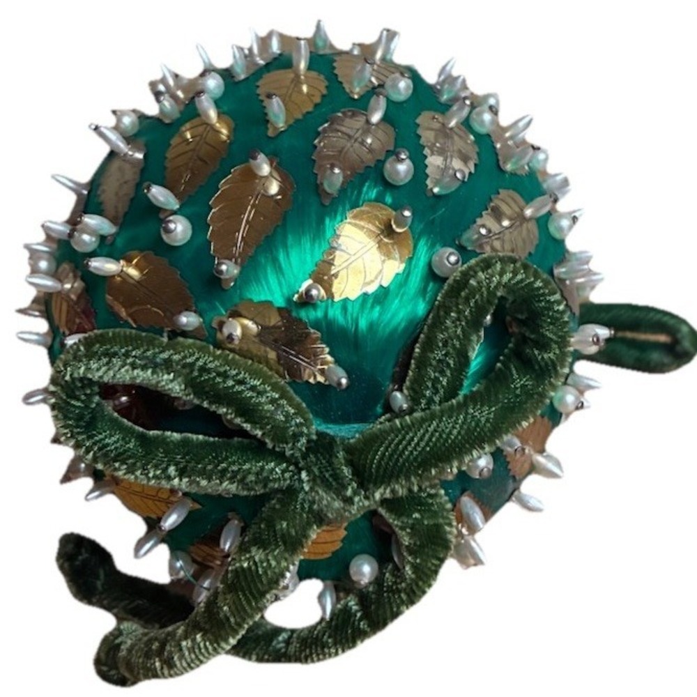 Vintage Push Pin Round Ornament Green Gold Leaves 5" Beaded Pearl Velvet Bow